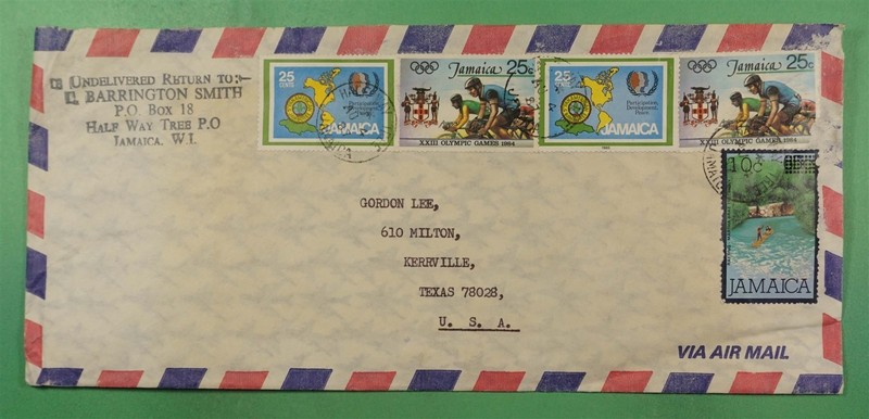DR WHO 1987 JAMAICA OVPT HALF WAY TREE AIRMAIL TO USA OLYMPICS R53929