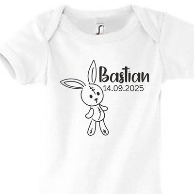 Baby Body Geburt Strampler Babybody bedruckt Tochter Sohn Hase Datum + Name 81