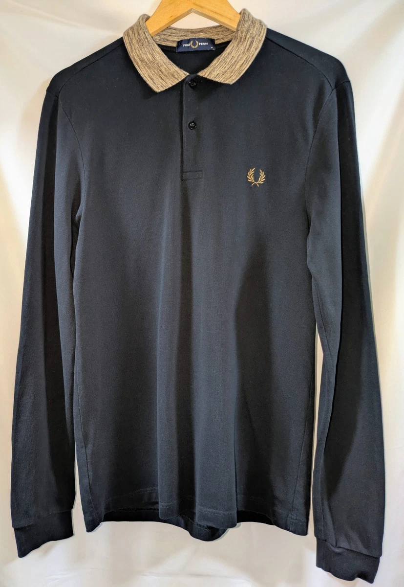 Fred Perry Polo De Manga Larga Talla M Negro Tejido Collar Texturizado SM4198