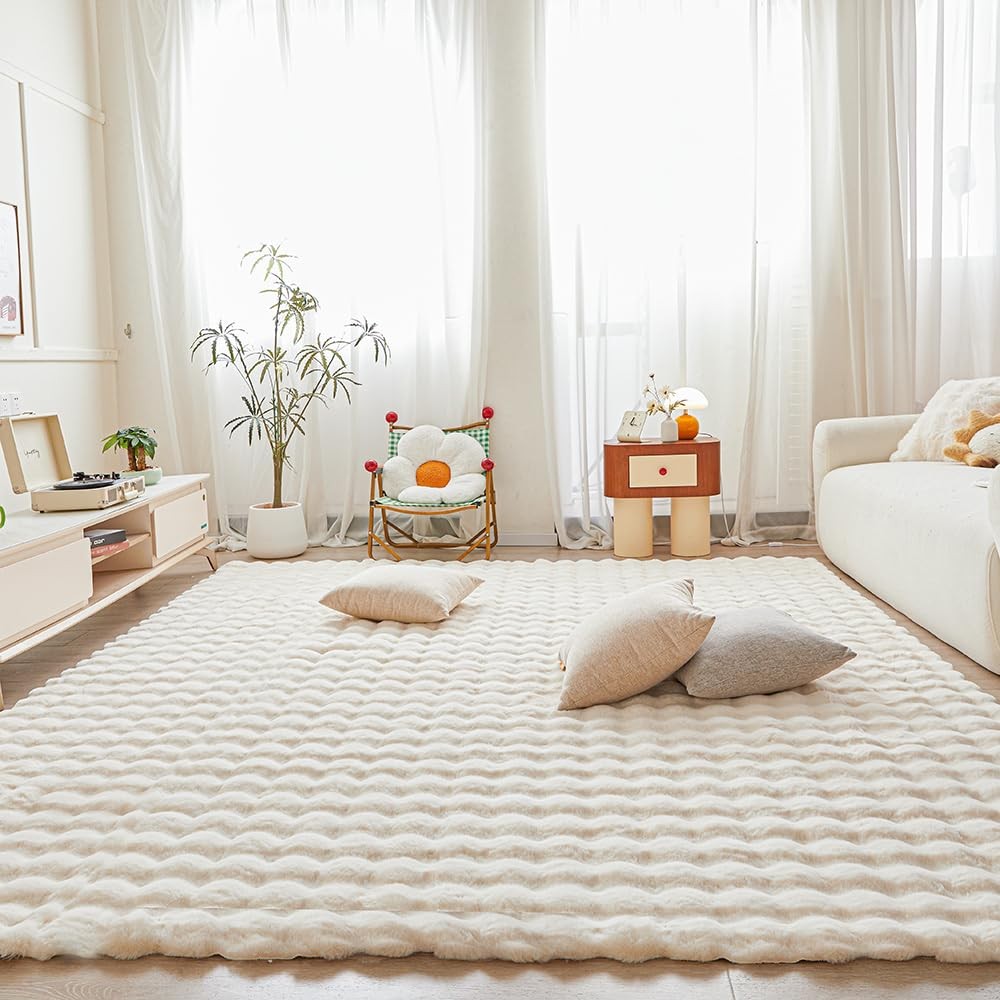 Creamy White Rabbit Plush Rug 8'x10', Fluffy Faux Fur Shaggy Area Rug for Nur...