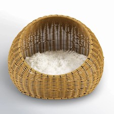 Wicker Cat or Small Dog Round Bed Hooded Dome with Pillow Brown
