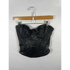 Womens Faux Leather Corset Top M Black Boning Sweetheart Neckline Dark Fairy