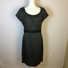 Tahari Sheath Dress Size 10 Womans Black Gray Herringbone Short Sleeve Pleated