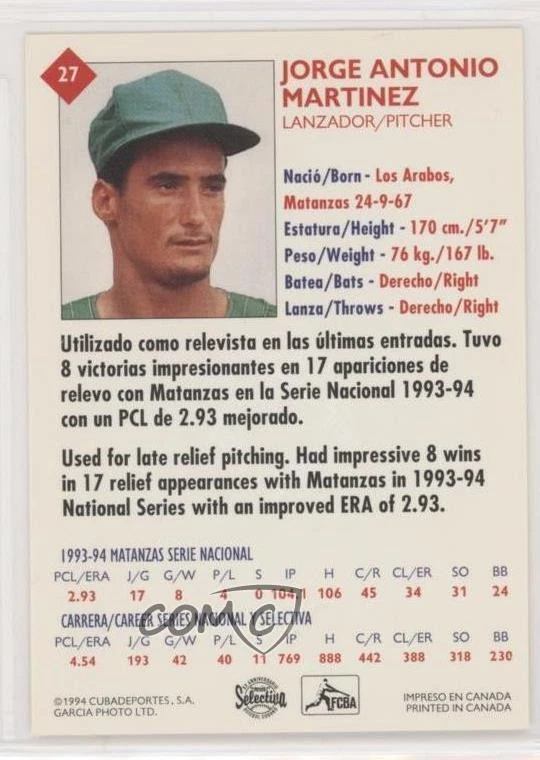 1994 Cuban League Jorge Antonio Martinez #27 - Image 2 of 2