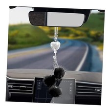 Bling Car Hanging Ornament, Cute Love Heart and Pink Plush Ball Rear View Black