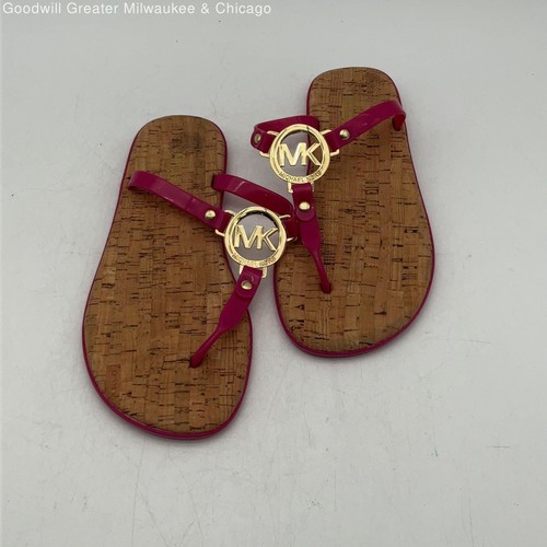 Womens Pink Wood Monogram Open Toe Slip On Flat Thong Sandals Size 7