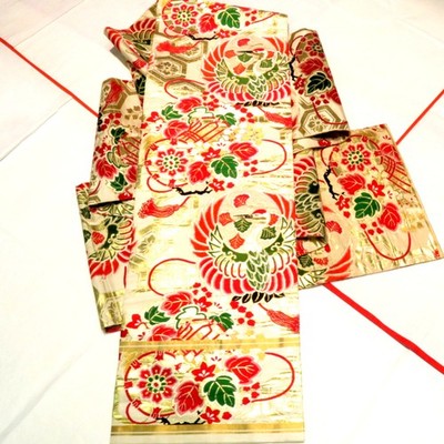 Antique Kimono Maru Obi Silk crane floral pattern Beige 162.8inch Women's