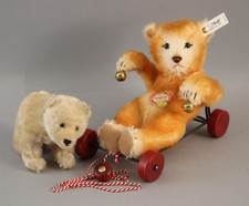 Vintage German Steiff Mohair Baby Bear on Wheels Replica Pull Toy & Polar Bear