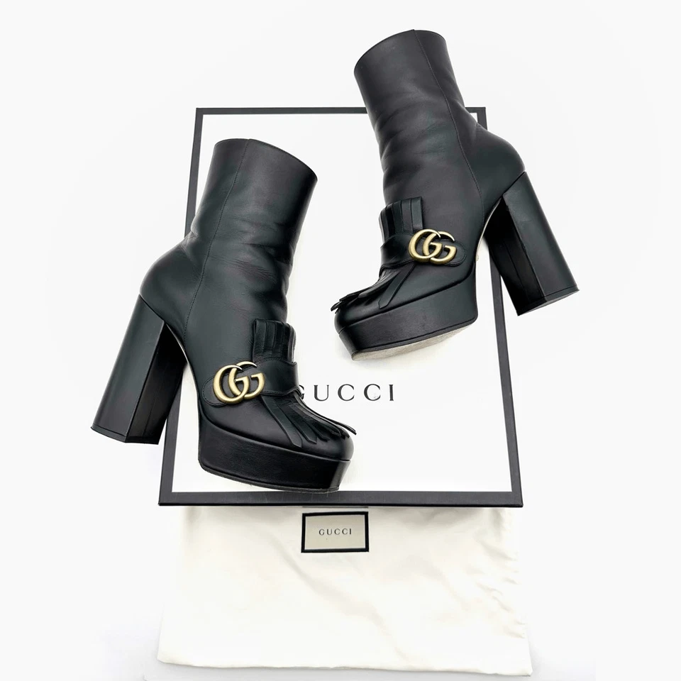 GUCCI Marmont Kiltie Fringe GG Platform Boots Size 39 US 9 Black Leather Ankle - Image 2 of 4