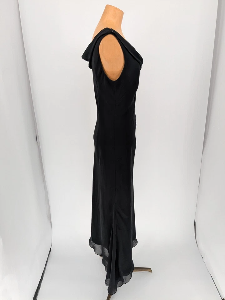 De Colección Liz Claiborne Asimétrico Negro Vestido de Noche Capucha Cuello Superposición Transparente Talla 8 Foto 4 de 4