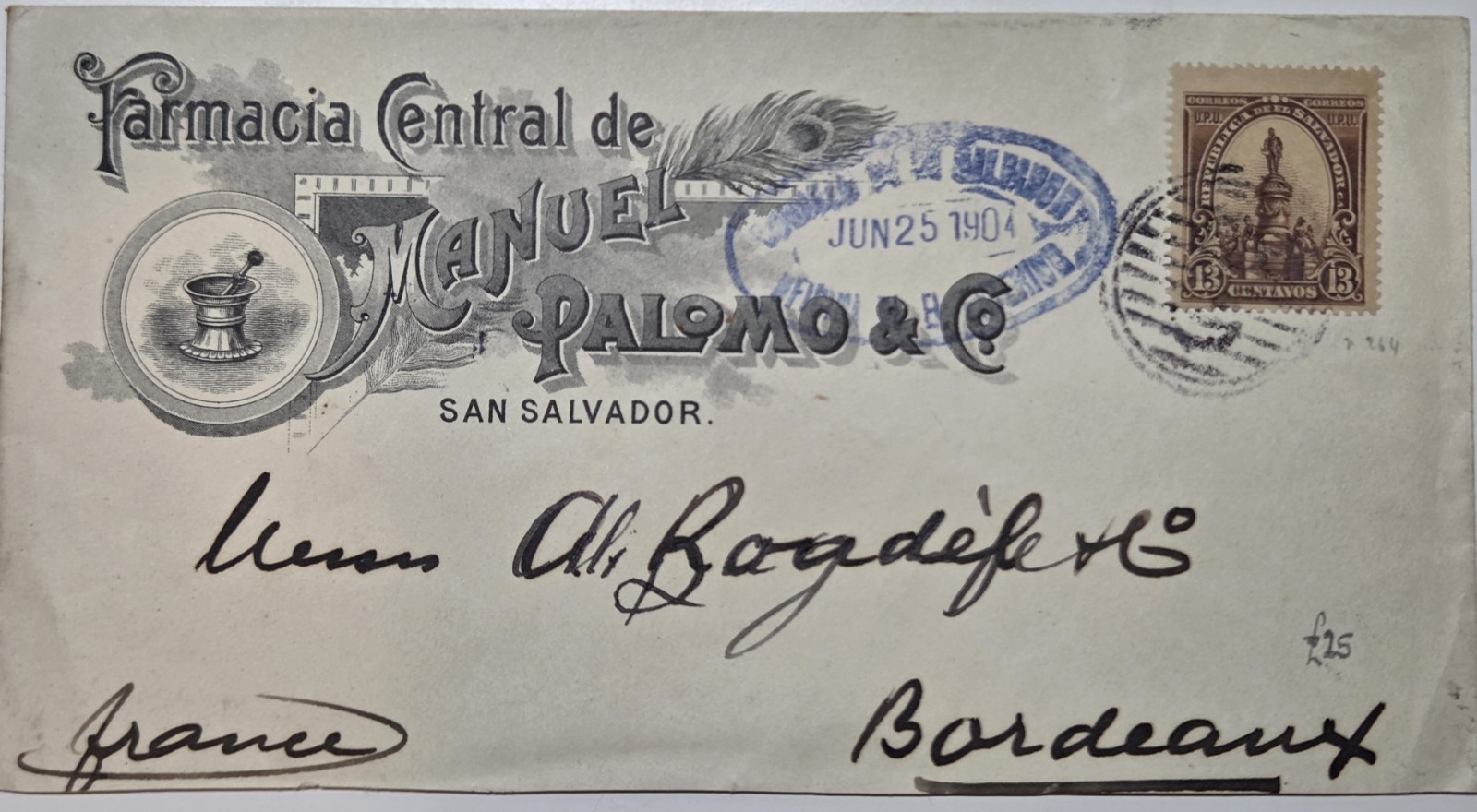 El Salvador 1904 Pharmacy Ad Cover To Bordeaux France