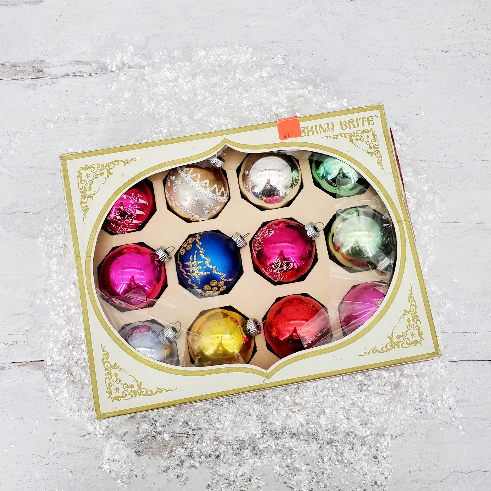 Vintage Shiny Brite USA Muticolored Stenciled Mercury Glass Ornaments in Box