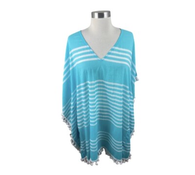 Debbie Katz NEW XS Dari Sea Blue Pom Pom Kaftan Cover Up South Beach