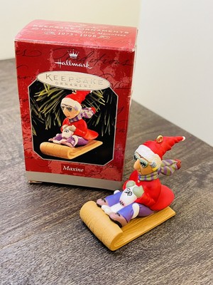 Hallmark Keepsake Christmas Ornament ''Maxine'' Toboggan Sledding w/Dog Floyd 1998