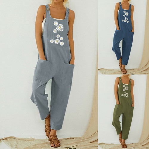 Womens Fashion Flower Dungarees Jumpsuit Playsuit Overalls Trousers Pants Romper - Picture 7 of 25