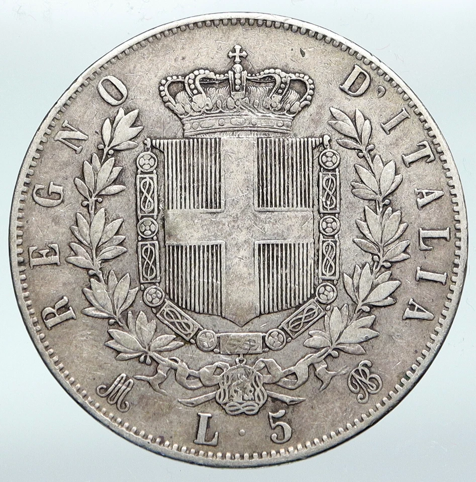 Moeda italiana antiga de prata 5 liras 1873 MBN ITÁLIA King Victor Emmanuel II i89813 - Imagem 2 de 3