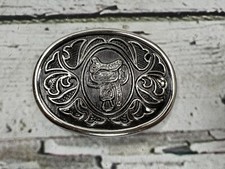 Vintage Avon Western Rodeo Cowboy Design Horse Saddle Silver Metal Belt Buckle