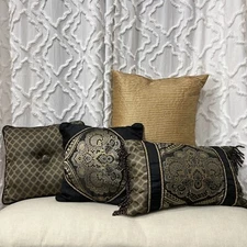 Royal Velvet Gold Black Rope Trim Decorative Bed Pillows Set of 4 Scroll Pattern
