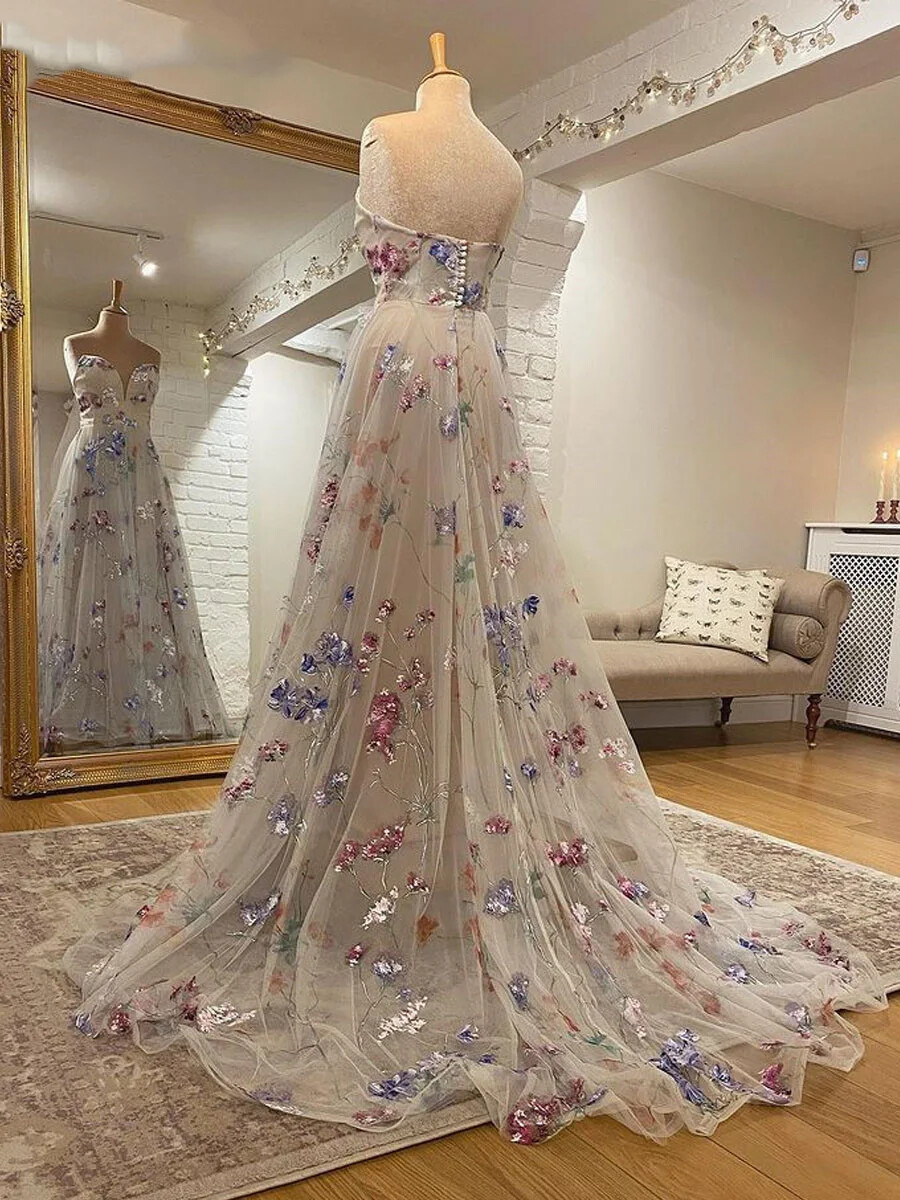 boho wedding dress with color Boho Colored Flower Lace Fit and Flare Spring Fall Wedding Dress