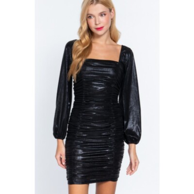 black metallic knit dress Biot Black Metallic Knit V-Neck Gold Button-Down Dress