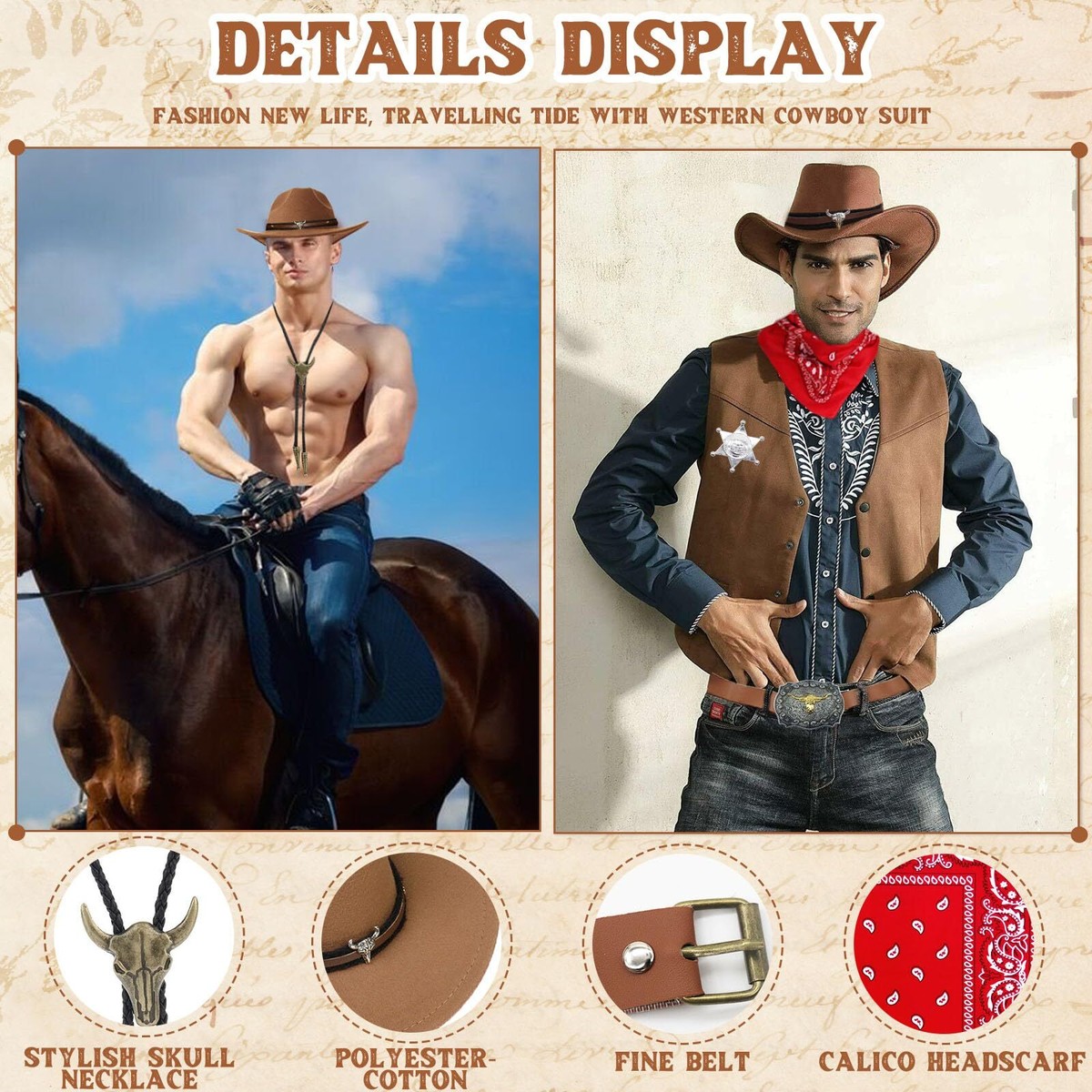 ILOVEFANCYDRESS Cowboy-Set – Brauner Hut Mit Stern-Nieten + Bandana, Wählbare Farben