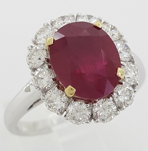 Oval Burma Ruby & Diamond Halo Ring 4.12 ct 18k White Gold - Picture 5 of 12
