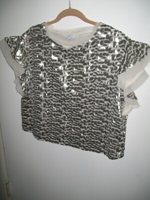 IRO Women's Silver Micro Sequin on White Crop Top Flutter Sleeves Blouse S / 36