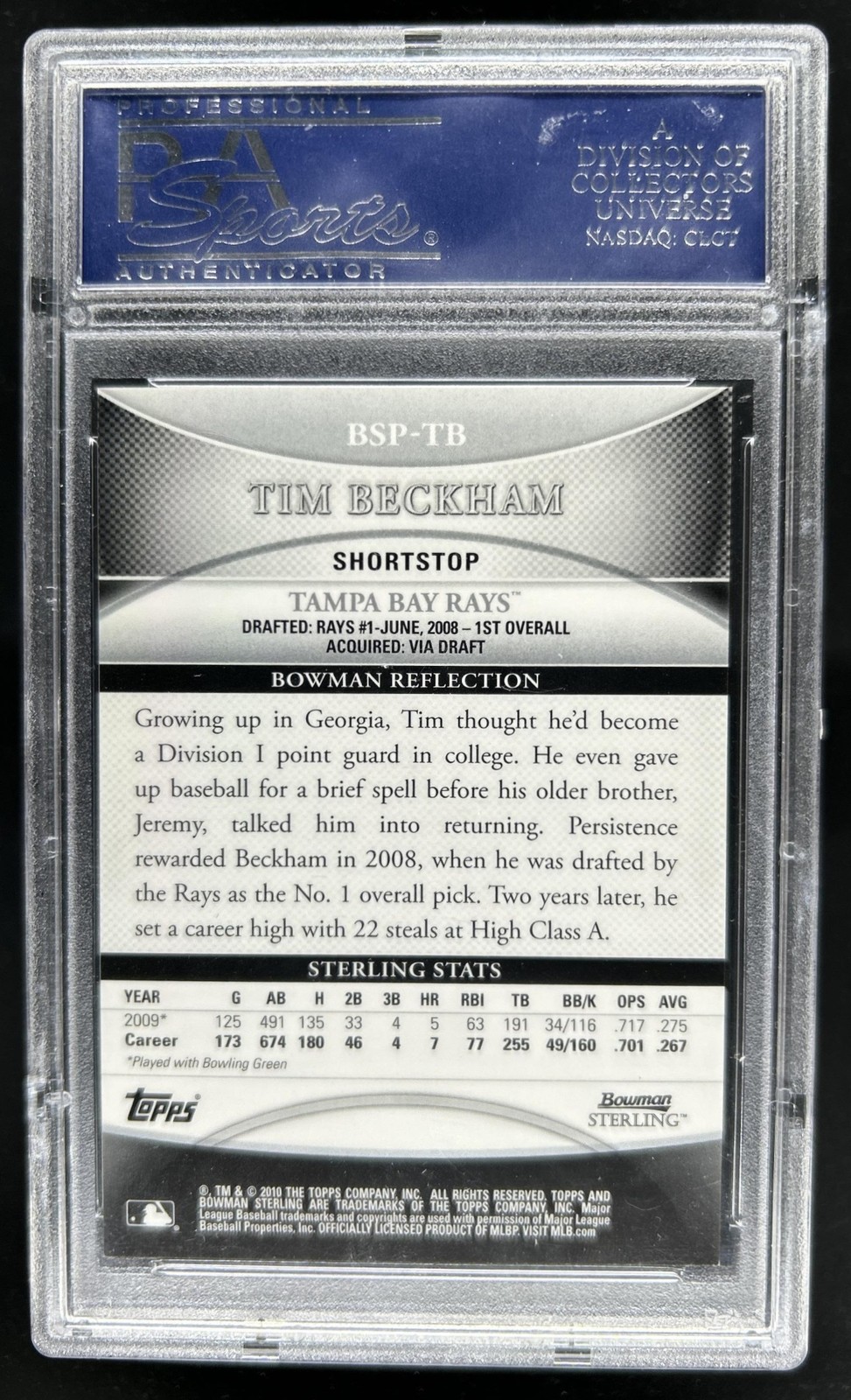 2010 Bowman Sterling Tim Beckham Prospect Auto #BSP-TB Rays PSA 10 GEM MINT view 2