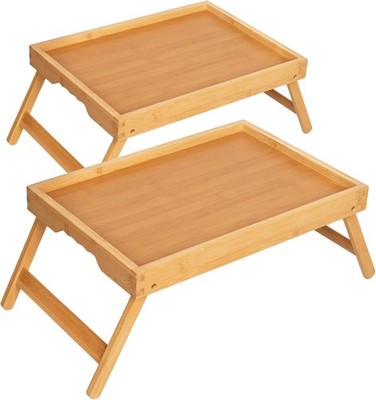 2 Pack Bed Tray Table with Handles Folding Legs Bamboo Breakfast Food Tray