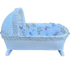 Culla babydoll vintage anni 70 in vimini bianco e legno, baldacchino, arredamento Pasqua