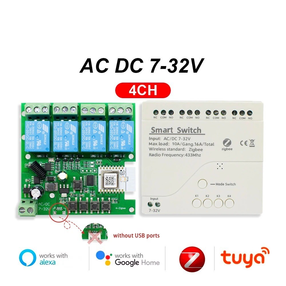 Con Shell Zigbee 1 2 4CH 12V 24V 220V Interruptor Inteligente Tuya Módulo Relé Contacto Seco