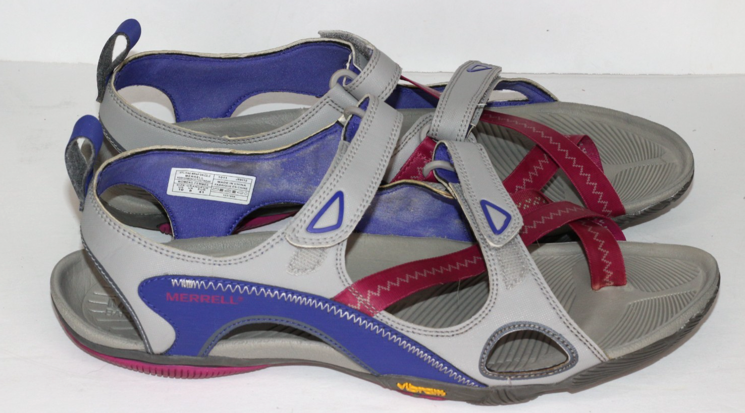 Merrell sandalo donna taglia 10 Hylidae avvolgente grigio viola suola Vibram leggero