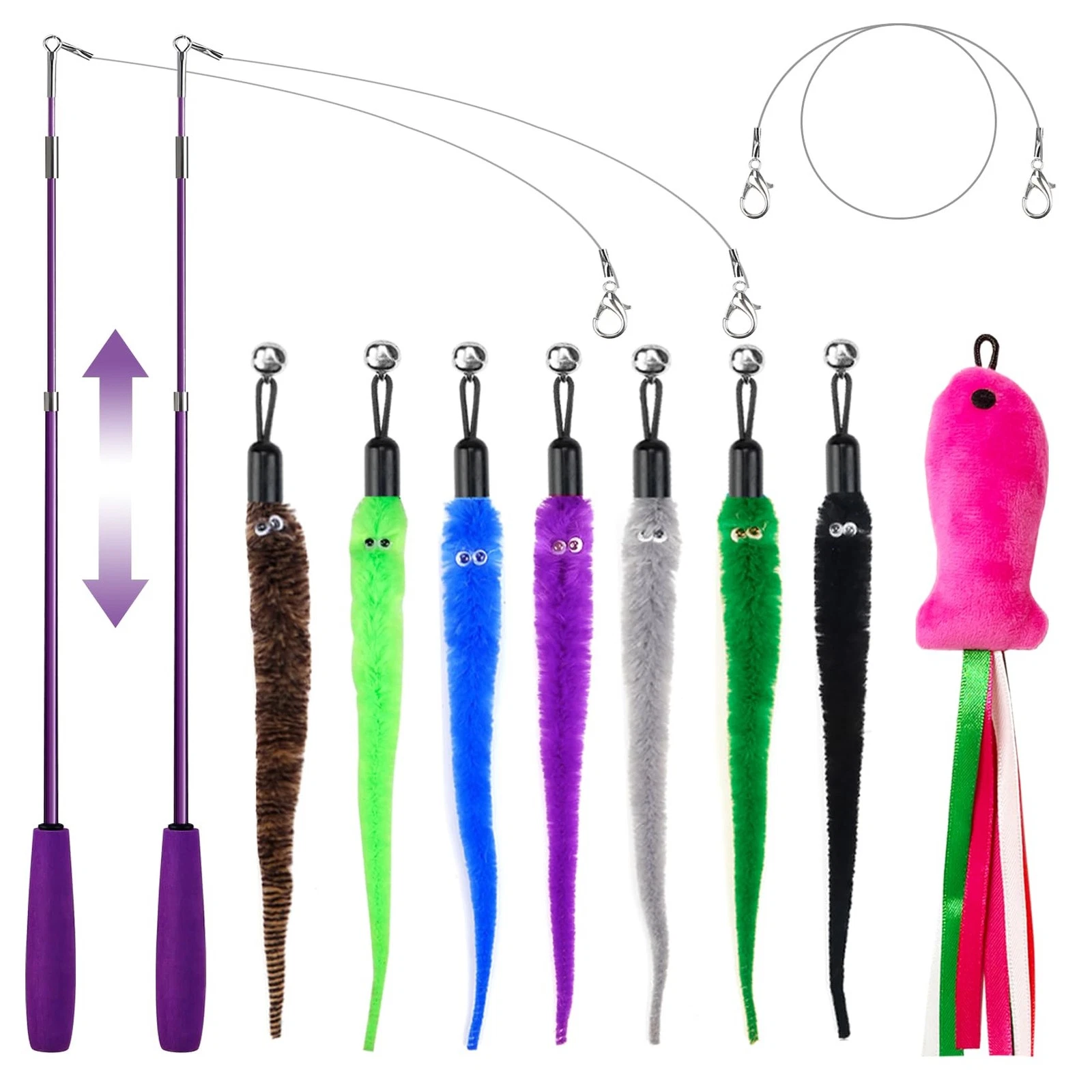 Cat Toys 11PCS 2 Retractable Wand 7PCS Worm Teaser Plush Fish Feather Pole