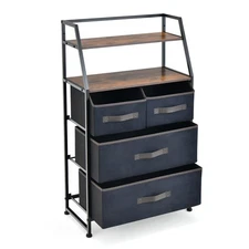 4-Drawer Storage Dresser w/ 2 Open Shelves & Metal Frame Black Rustic Brown