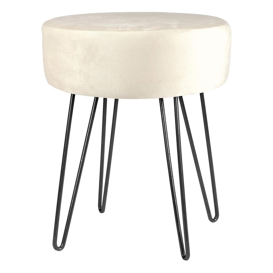 1x Crème/Noir H40 x D35cm Rond Repose-Pieds en Velours Ottoman Tabouret Pouf