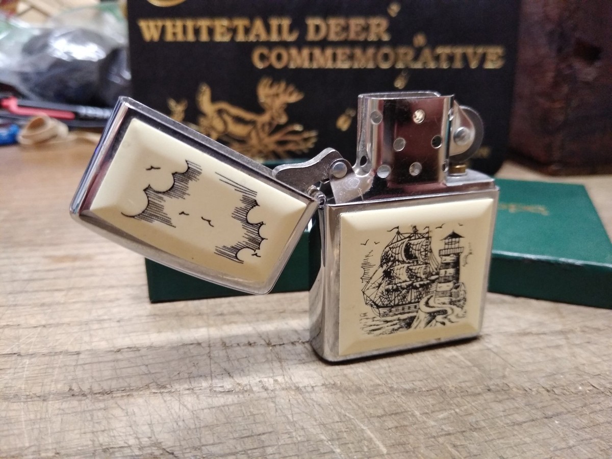 Vtg 1998 Zippo Lighter Scrimshaw Sailing Ship and Lighthouse 2