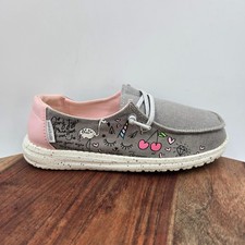 Hey Dude Wendy Youth Girls 2 Doodle Grey Pink Slip On Boat Loafer Moc Sneakers