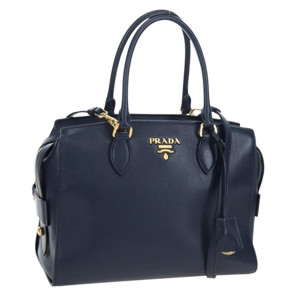 PRADA Vitterodino Hand Bag Leather 2way Navy Gold Tone Auth BA14804V