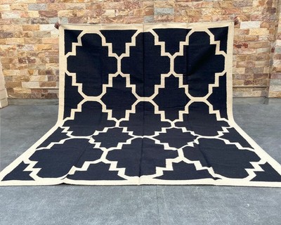 Hand Knotted Wool Kilim Dhurrie Rug Color Black White Handmade Design Carpet Rug