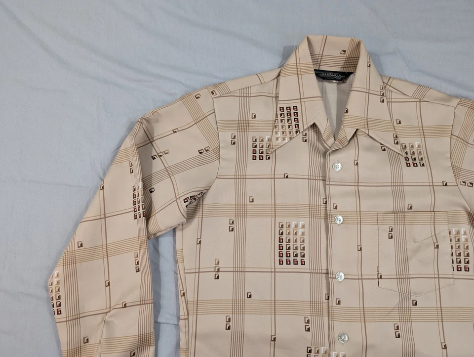 Vintage 60s 70s Image Shirt Adult Small Tan Geometric Leisure Rave Button Up - Image 3 of 4