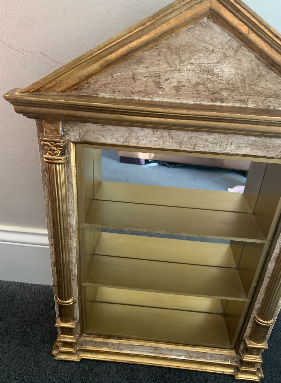 Italian Gold Greek Pediment Display Case Curio Cabinet Shelves w/Mirrored Back