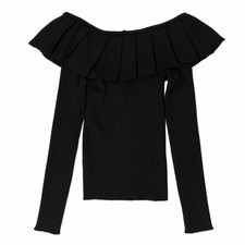 Long Sleeve Sweater  Black Off The Shoulder Ruffle Pleated Collar  Stretch