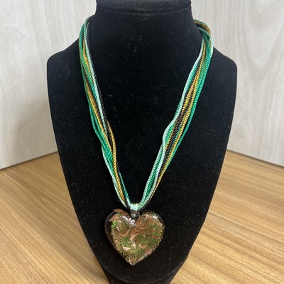 Antica Murrina Venezia Heart Necklace , Gold And Green Heart Glass.17 Inches Ope