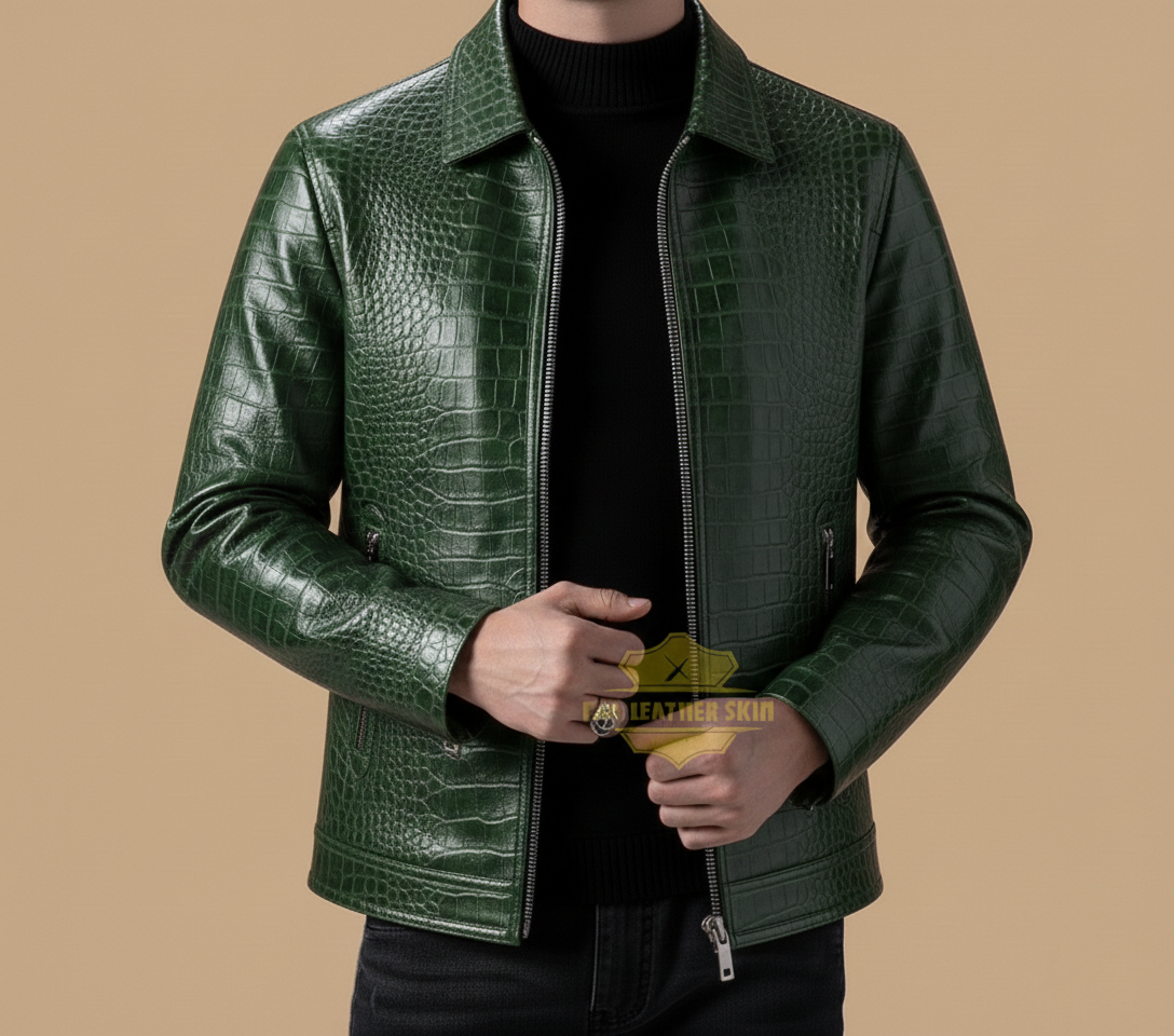 Men's Leather Jacket Burgundy Crocodile Pattern Real Luxury Leather Jacket Coat
