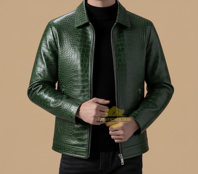 Men's Leather Jacket Green Crocodile Pattern Real Luxury Leather Jacket Coat