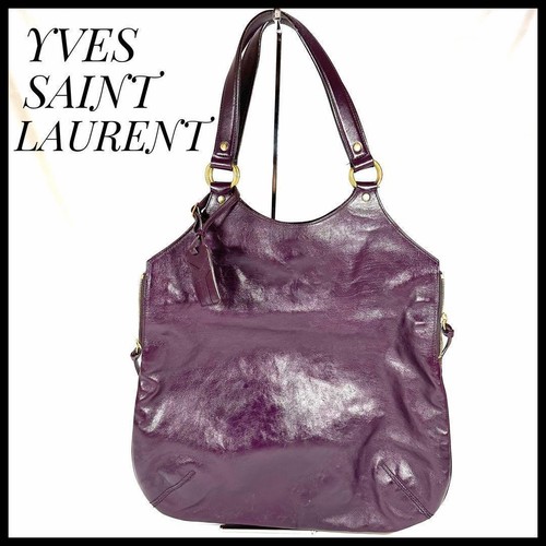 Yves Saint Laurent Tote Shoulder Hobo Bag Purple Leather Side Zip Women's