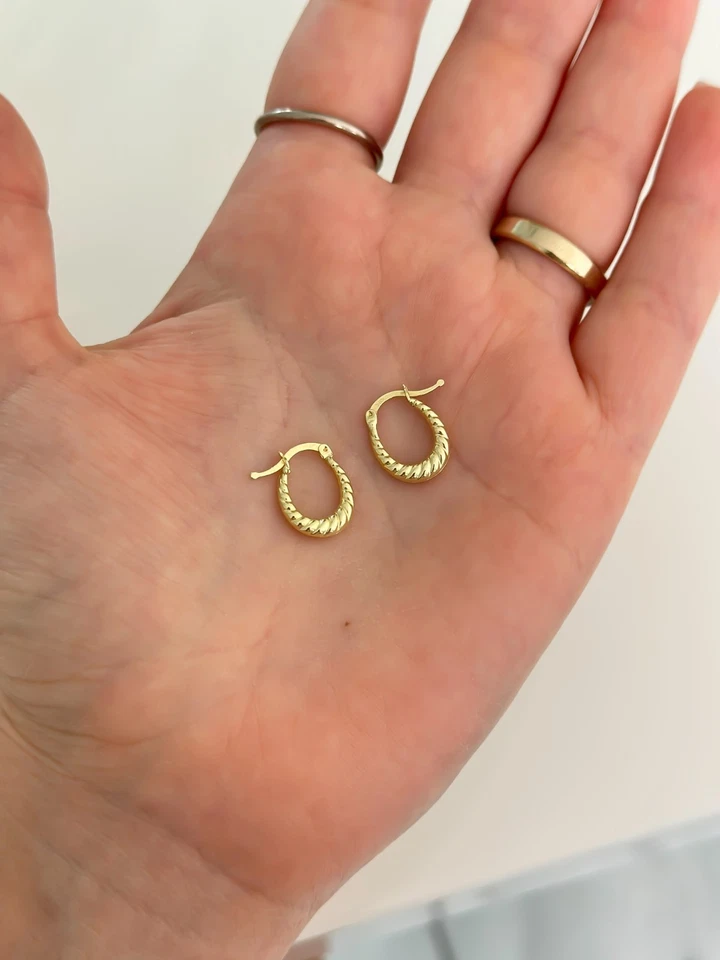 14k Solid Gold Oval Hoops, Mini Croissant Hoops Earrings, Real Gold Earrings - Image 4 of 4