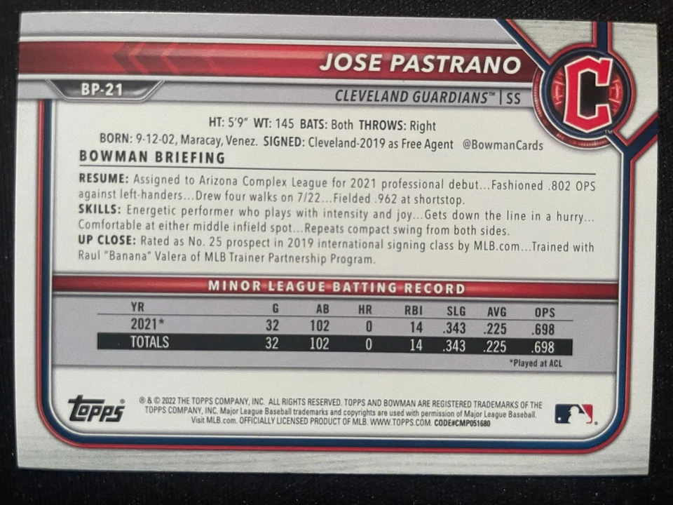 Jose PASTRANO 2022 Bowman Prospect First #BP-21 Cleveland Guardians - Image 2 of 2