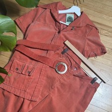 True Vintage 1970  s Salmon Pink Corduroy Flare Bell Bottom Set Top With Belt