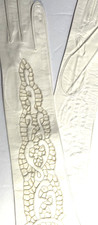 VTG Long Kid Leather Gloves White Cut Outs Embrodery sz 7 Hansen